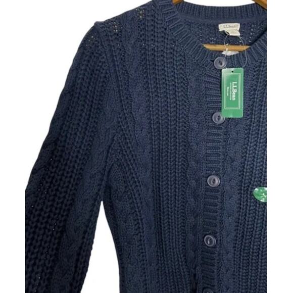 L.L.Bean Women’s Rope Stitch Shaker Cardigan Cotton Cableknit Navy Large NEW - Picture 2 of 8